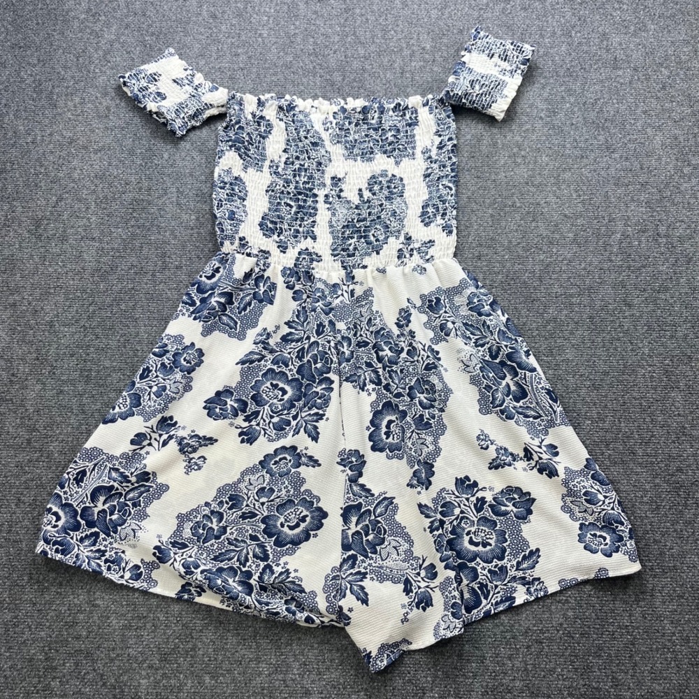 Coverstitch Floral Smocked Boho Off Shoulder Blue White Romper - Picture 4 of 6
